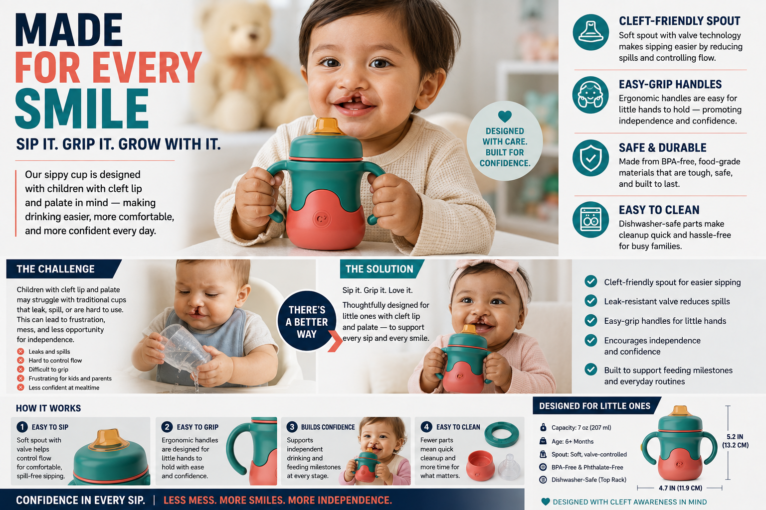 C² Squared Sippy product infographic — Made for Every Smile